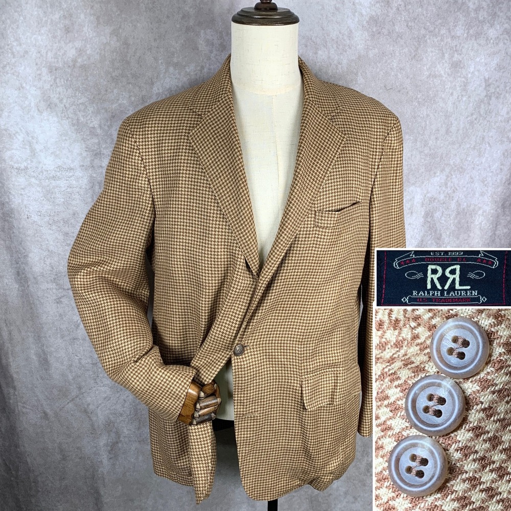 Ralph Lauren Double RRL Blazer Jacket Men Large Brown Houndstooth Sport Coat